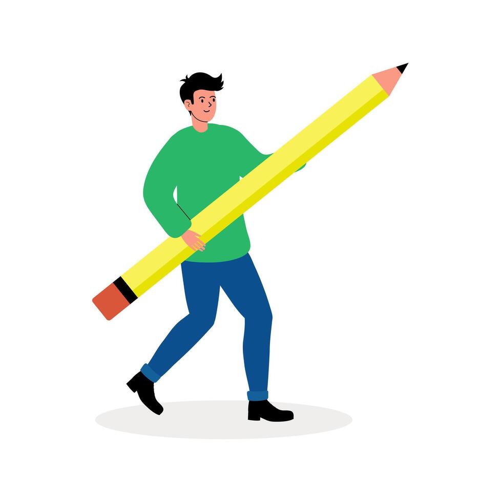Young man carrying a giant yellow pencil while walking in a casual setting vector