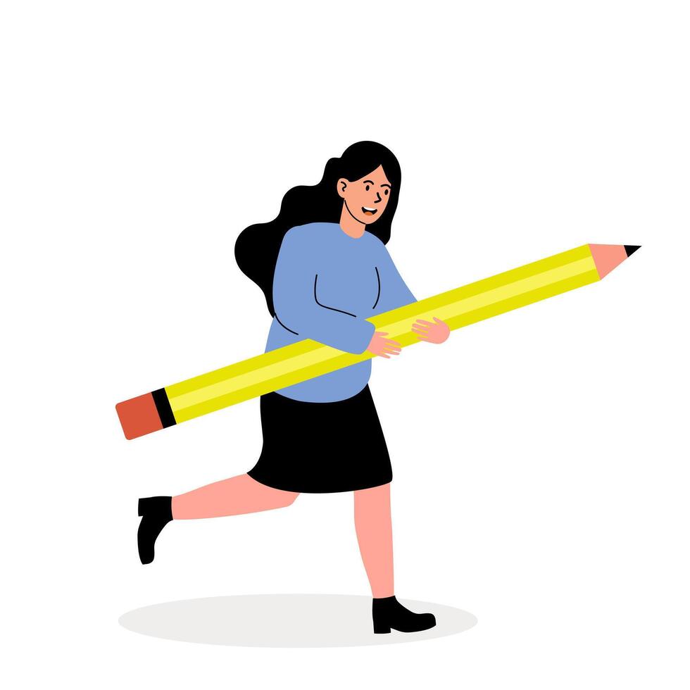 Person joyfully running while holding a large yellow pencil in a creative environment vector