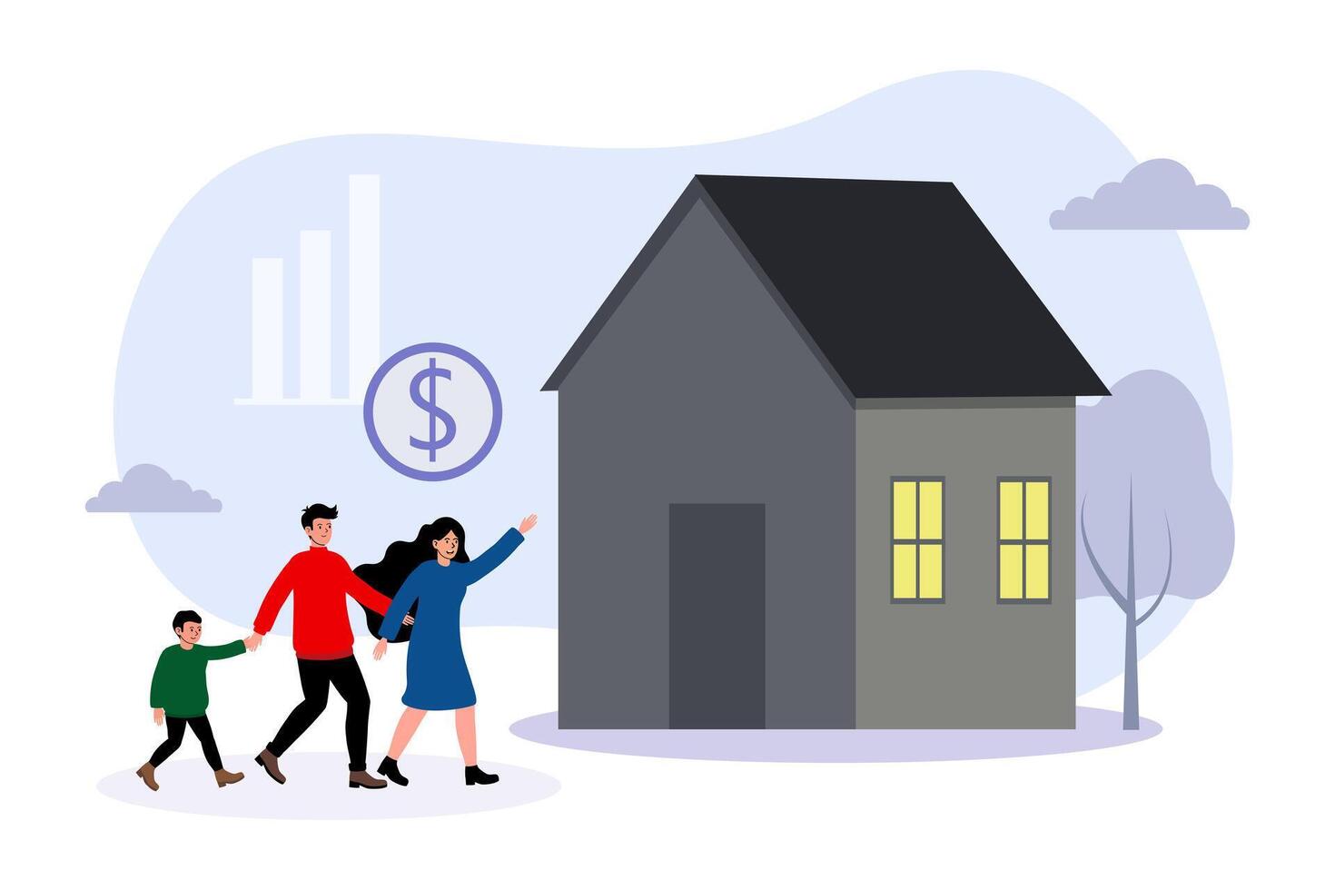 Family looking at a house while considering investment opportunities in real estate vector