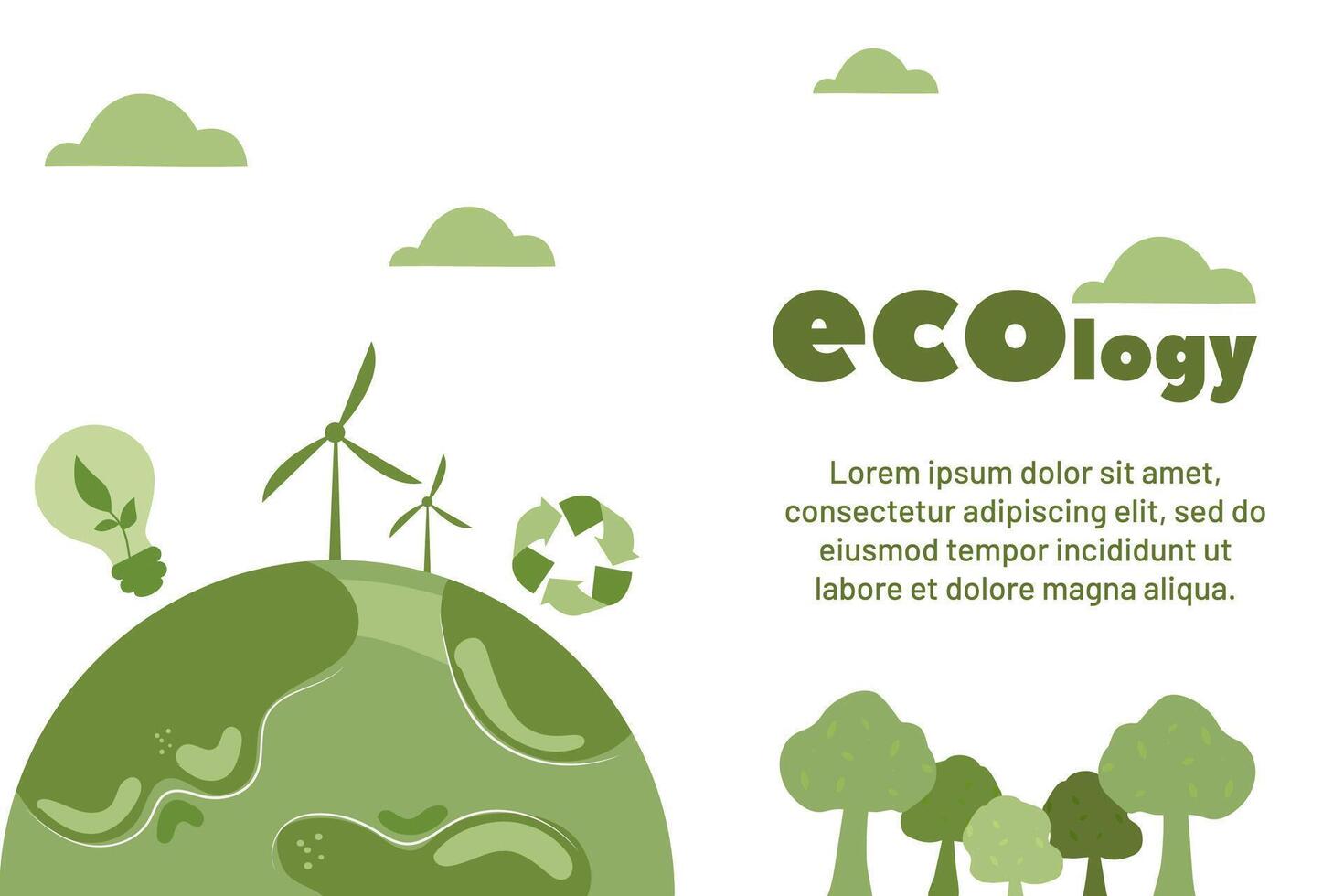Creative illustration showcasing ecology elements on a green planet with renewable energy sources vector