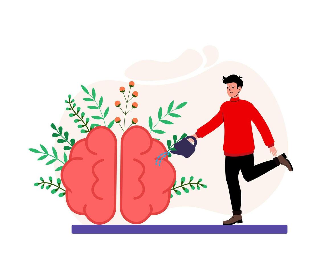 Man watering a brain with plants to promote mental well-being and creativity vector