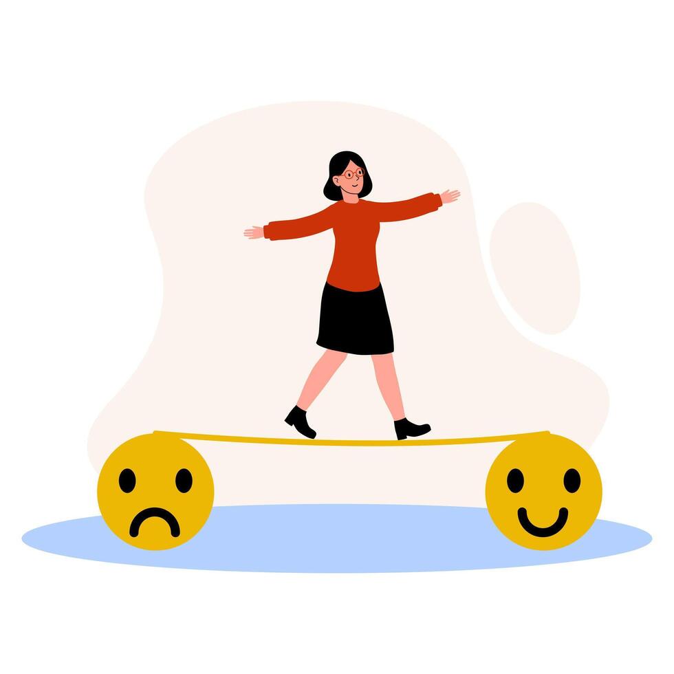 Balancing emotions in a playful illustration with a woman on a smiley face and frown face vector