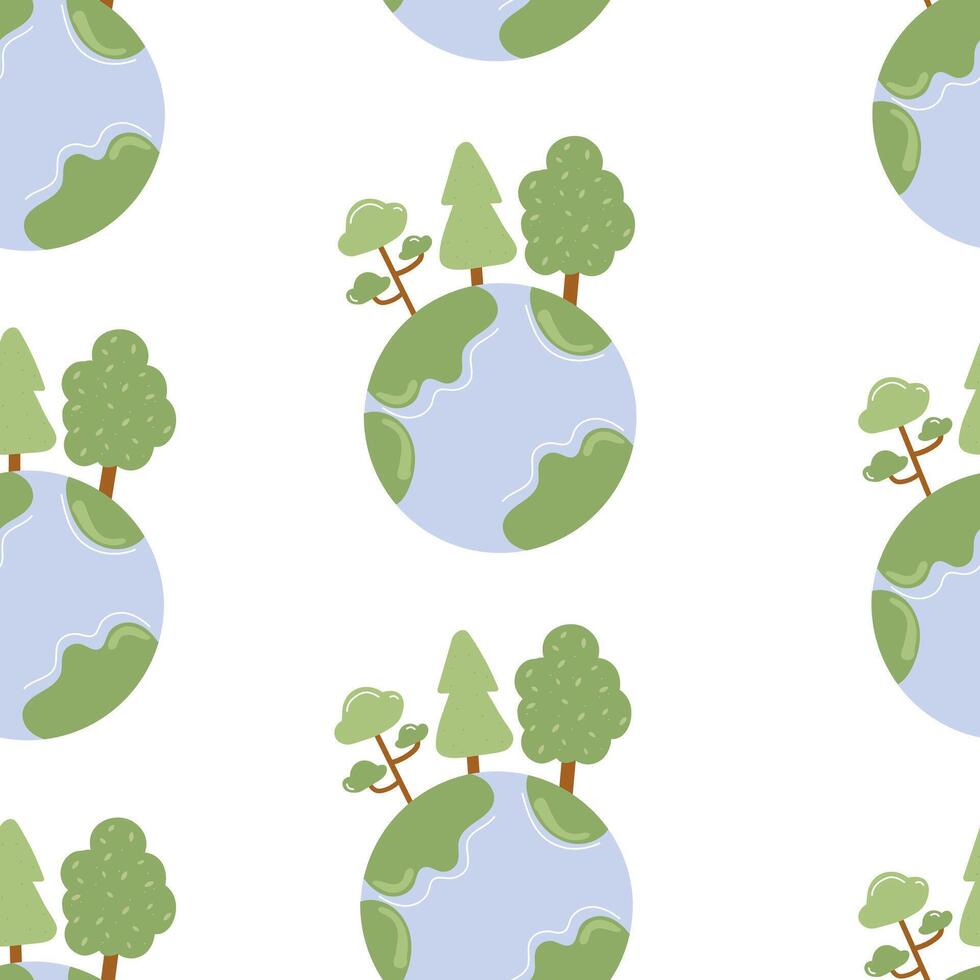 Cute nature pattern with stylized Earth and trees on a white background vector