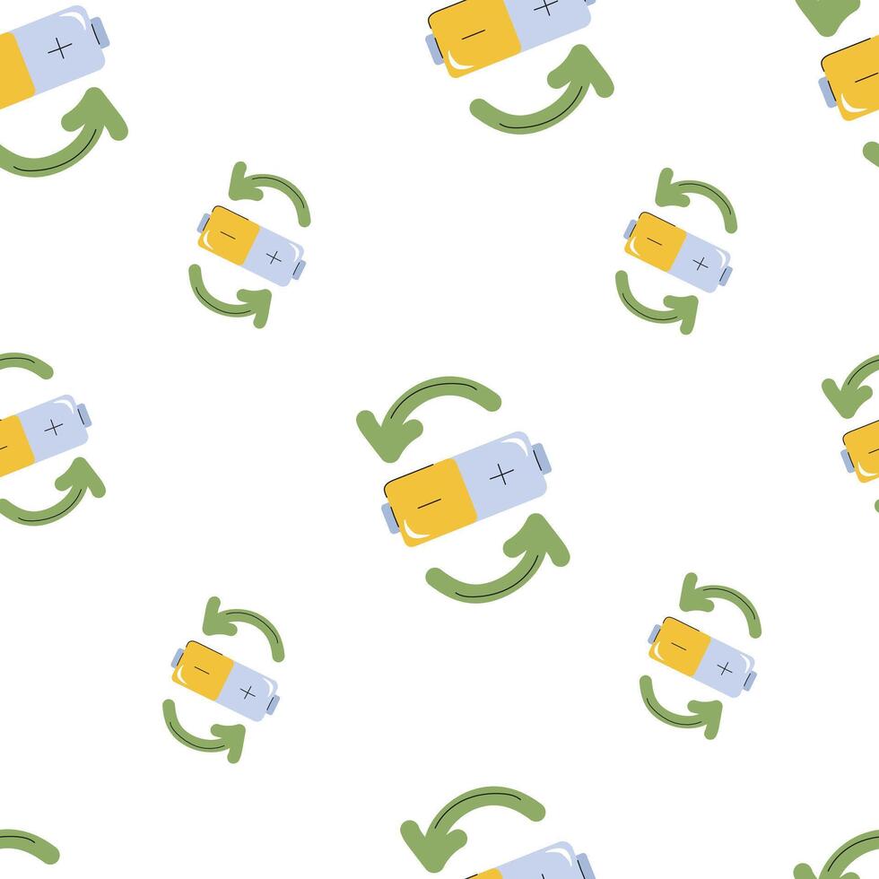 Pattern of rechargeable battery icons with green arrows on a white background vector