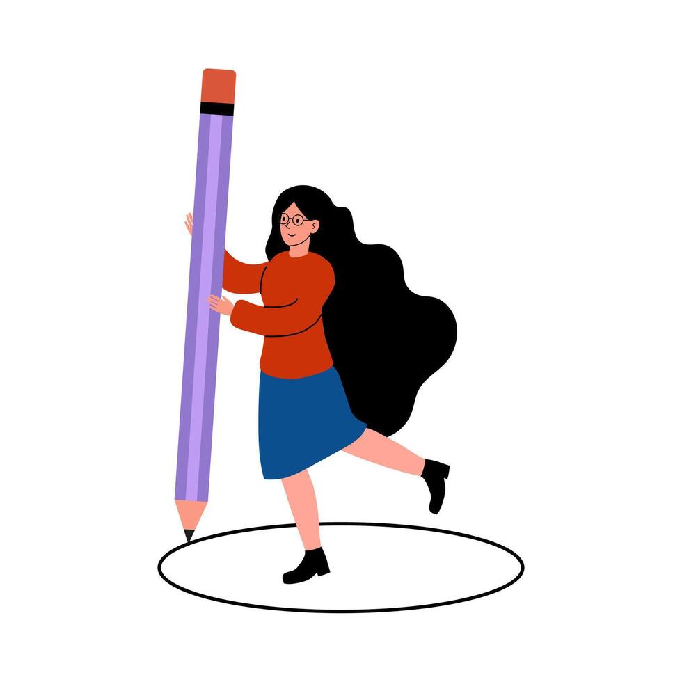 Woman drawing with a giant pencil in a playful art activity vector