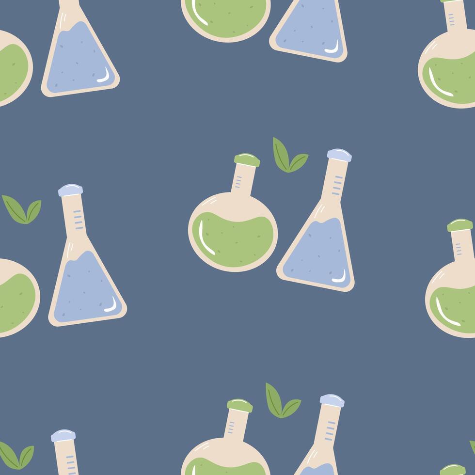 Colorful laboratory glassware pattern set against a dark blue background vector