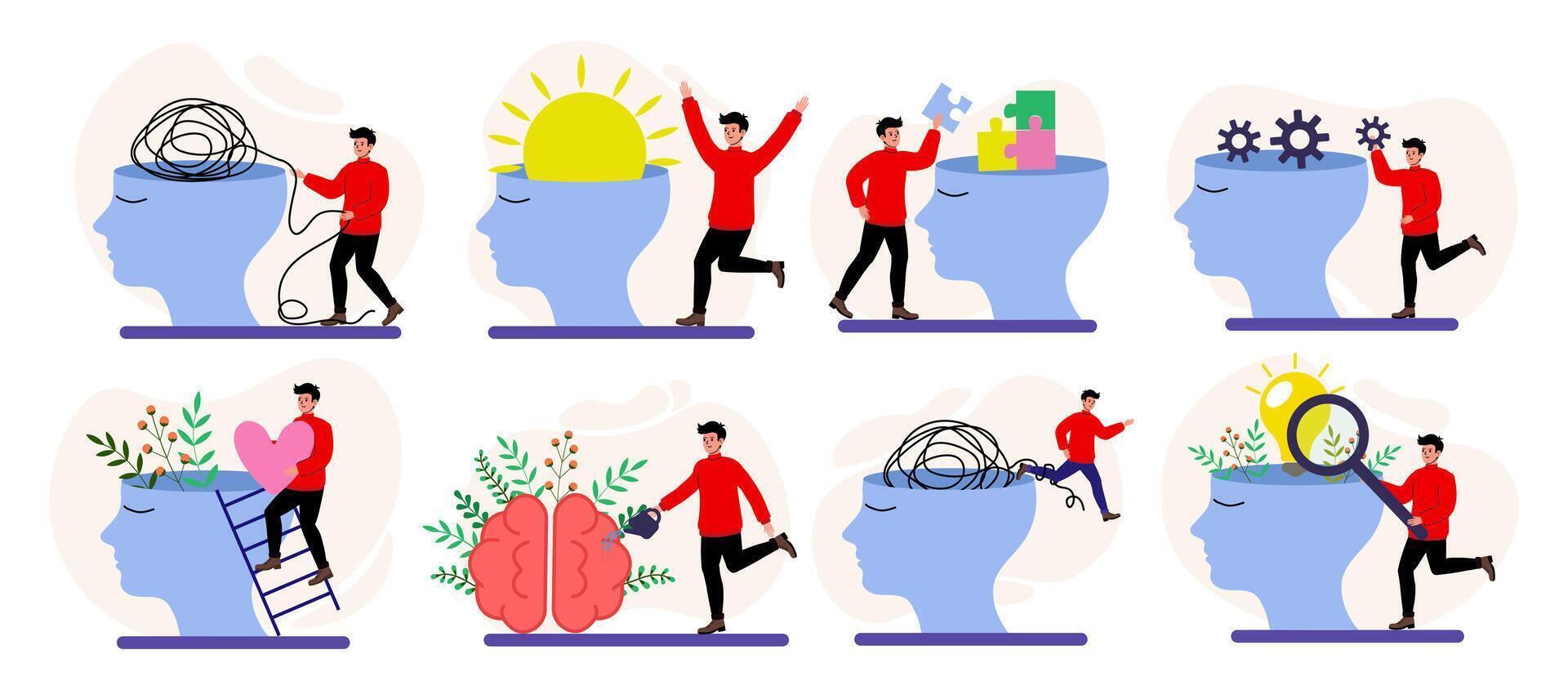 Mindfulness and mental health concepts illustrated through colorful graphics vector