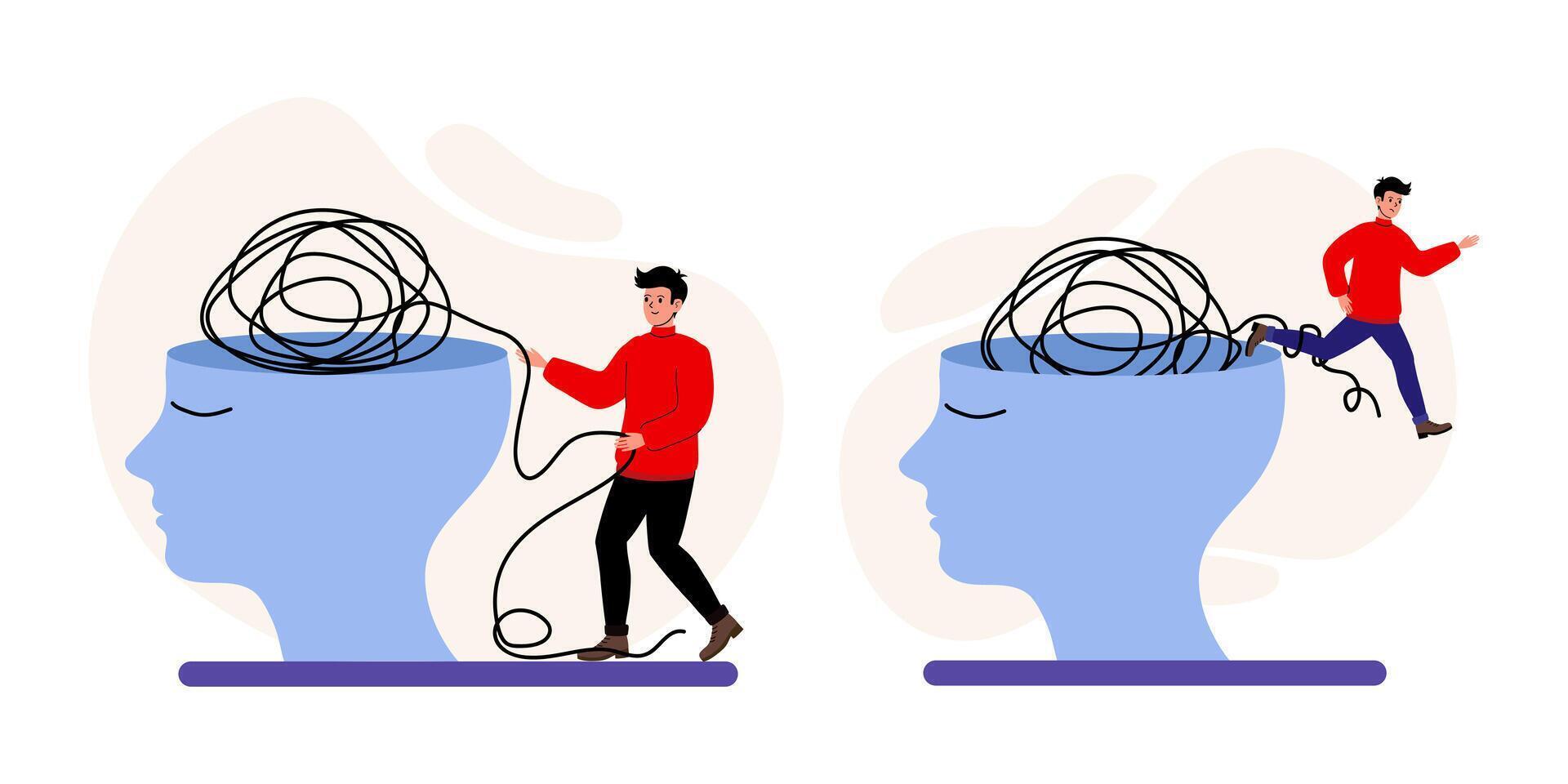 Man untangles thoughts in a creative representation of mental clarity and organization vector