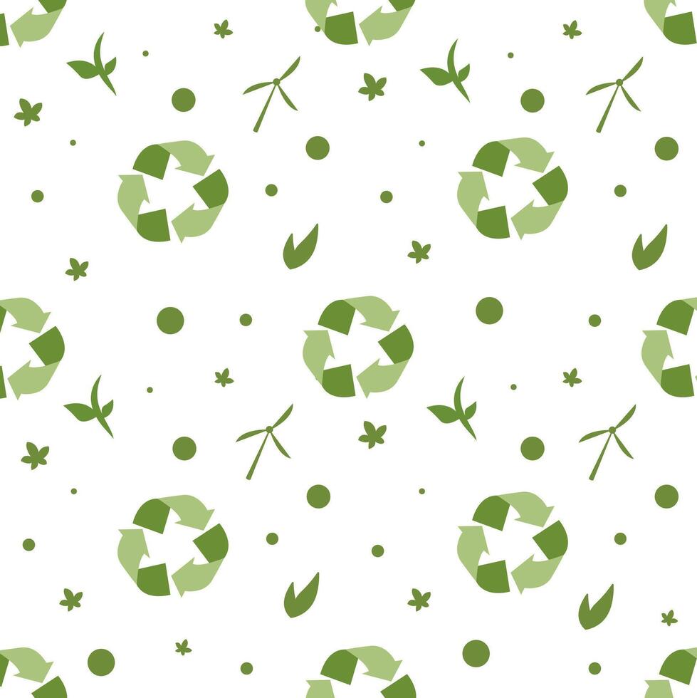 Repeated green recycling symbols and nature motifs on a white background vector
