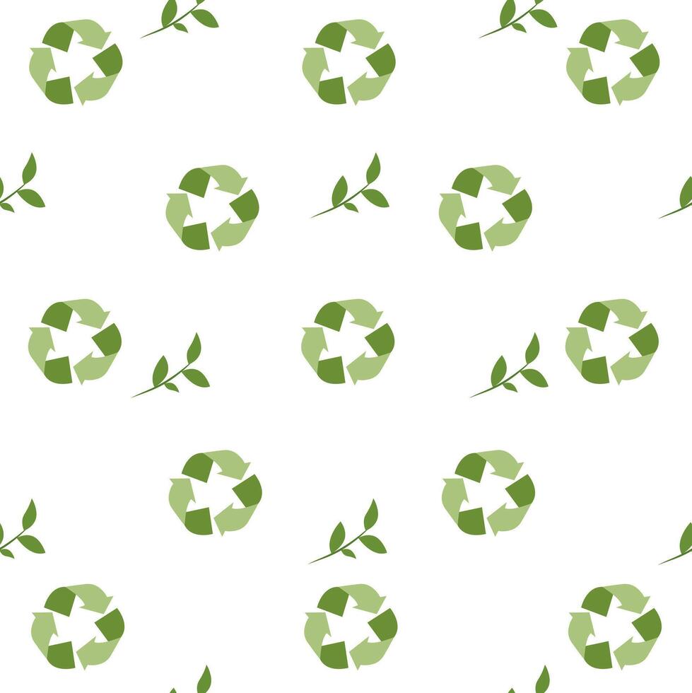 Green recycling symbols and leaves create a sustainable pattern on a white background vector