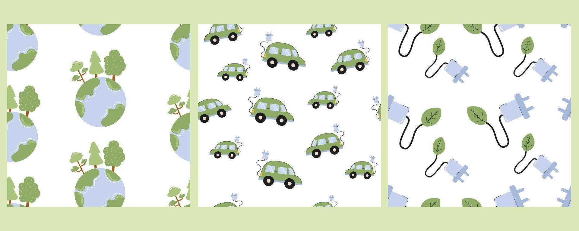 Eco-friendly patterns featuring nature, vehicles, and environmental elements vector