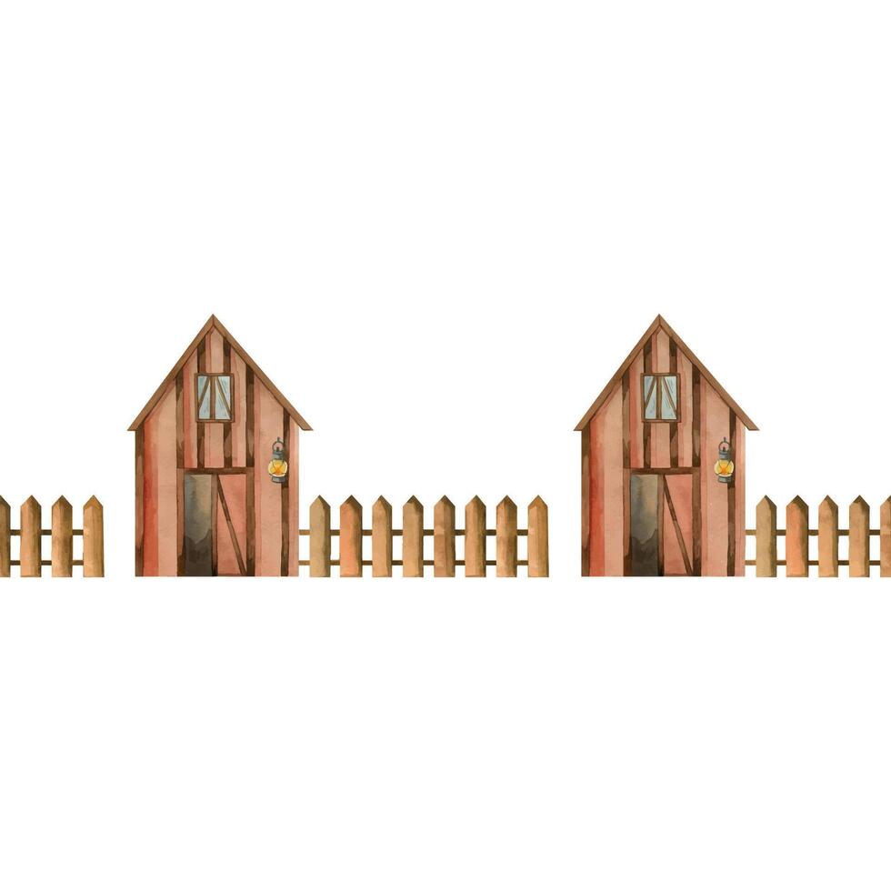 Farm with barn with burning lantern and wooden fence, seamless watercolor border. All objects are hand painted with watercolor. Suitable for printing on fabric, paper, for children, scrapbooking vector