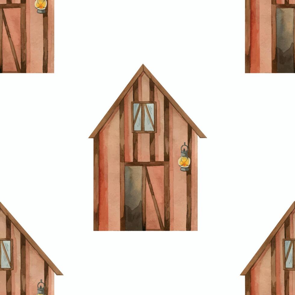 A house, barn or shed for storing grain, hay and tools. Seamless watercolor pattern. All objects are hand-painted with watercolors. Suitable for wallpaper in a children's room, for textiles, printing vector