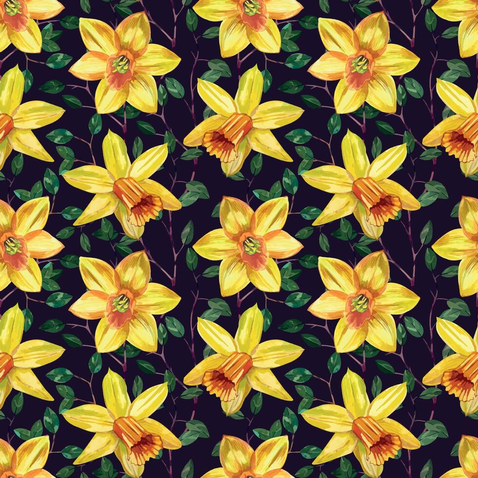 Yellow daffodils and green leaves, branches, hand-painted in watercolor. Seamless watercolor pattern with daffodils on a dark background. For printing on cards, invitations, March 8, spring products vector