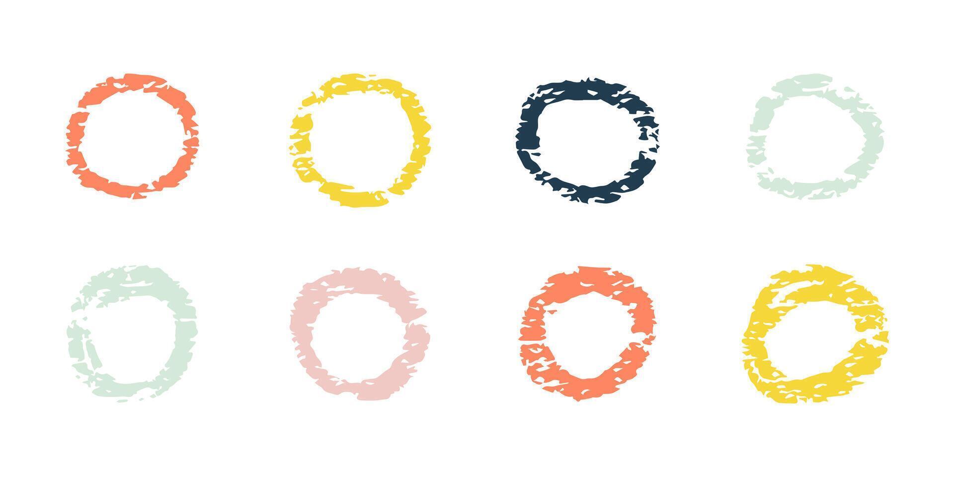Chalk hand drawn color circle highlight. Doodle pastel charcoal round frame, spiral. Crayon stylish design element by pen or pencil. Kids curves vector