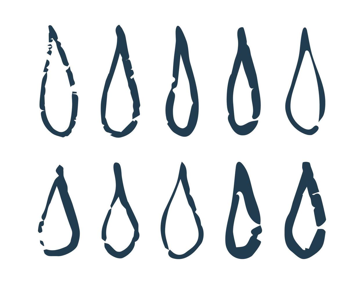 Doodle chalk water drops of different shapes. Hand drawn crayon sketch illustration of droplets or tears. Dark blue for print, web, mobile and infographics vector