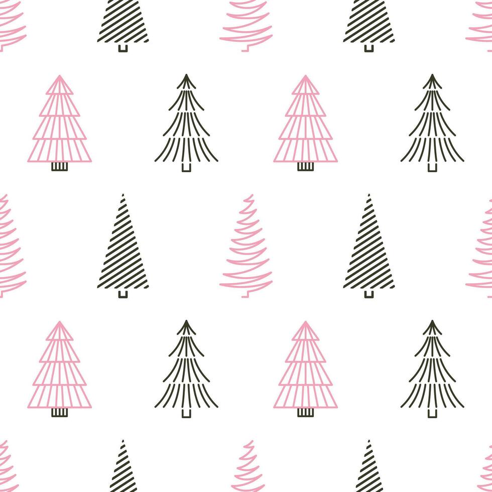 Modern abstract Christmas tree pattern. Trendy pink and black fir silhouettes arranged in a seamless background, ideal for New Year decor or festive digital backgrounds. vector