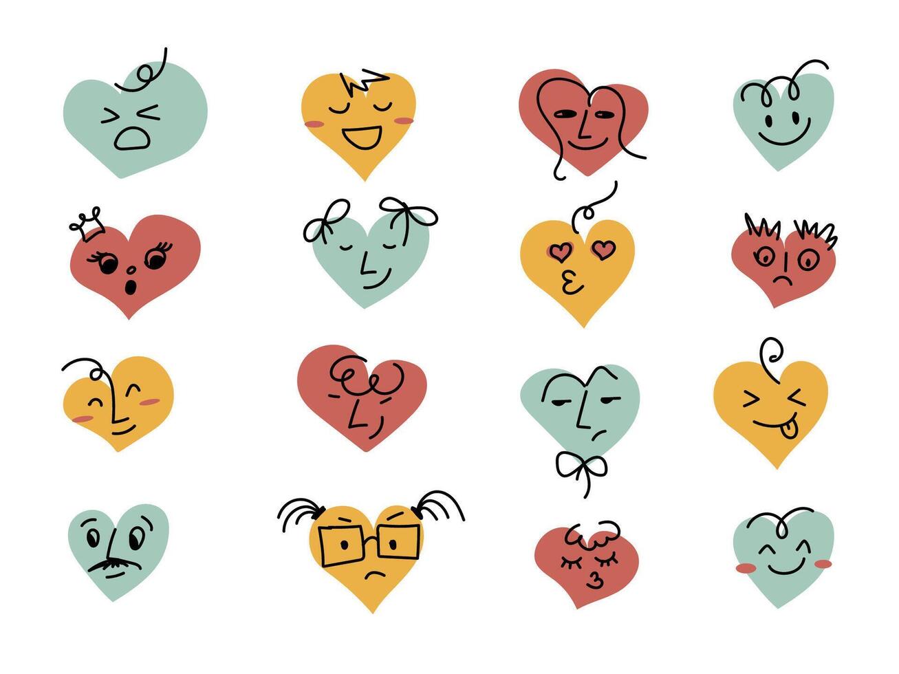 Funny hand drawn cartoon heart characters in different poses. Great set of hippie love stickers. Happy Valentine's day concept. Trendy retro emoji in 60's 70's style. Y2K aesthetics. vector