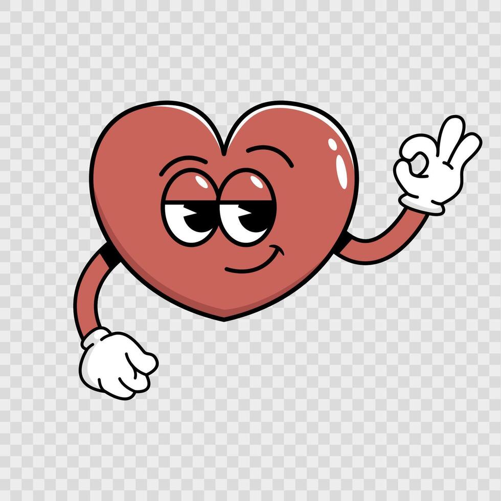 Valentine's Day. Retro character heart showing ok sign. Old animation 60's 70's vector