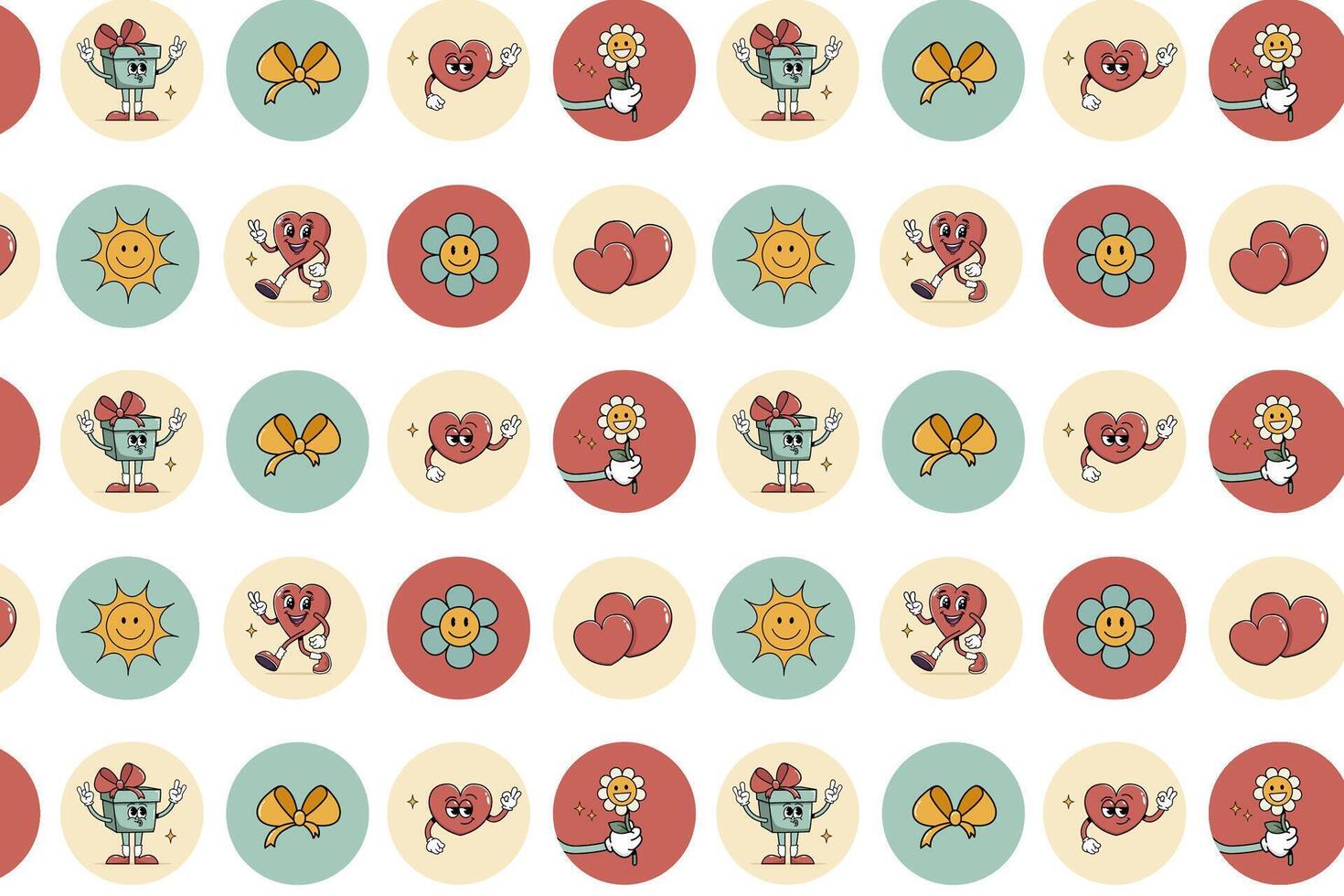 Pattern groovy hippie love round sticker set. Retro happy valentine's day. Comic happy heart character in trendy retro 60s 70s cartoon style. Retro characters and elements. vector