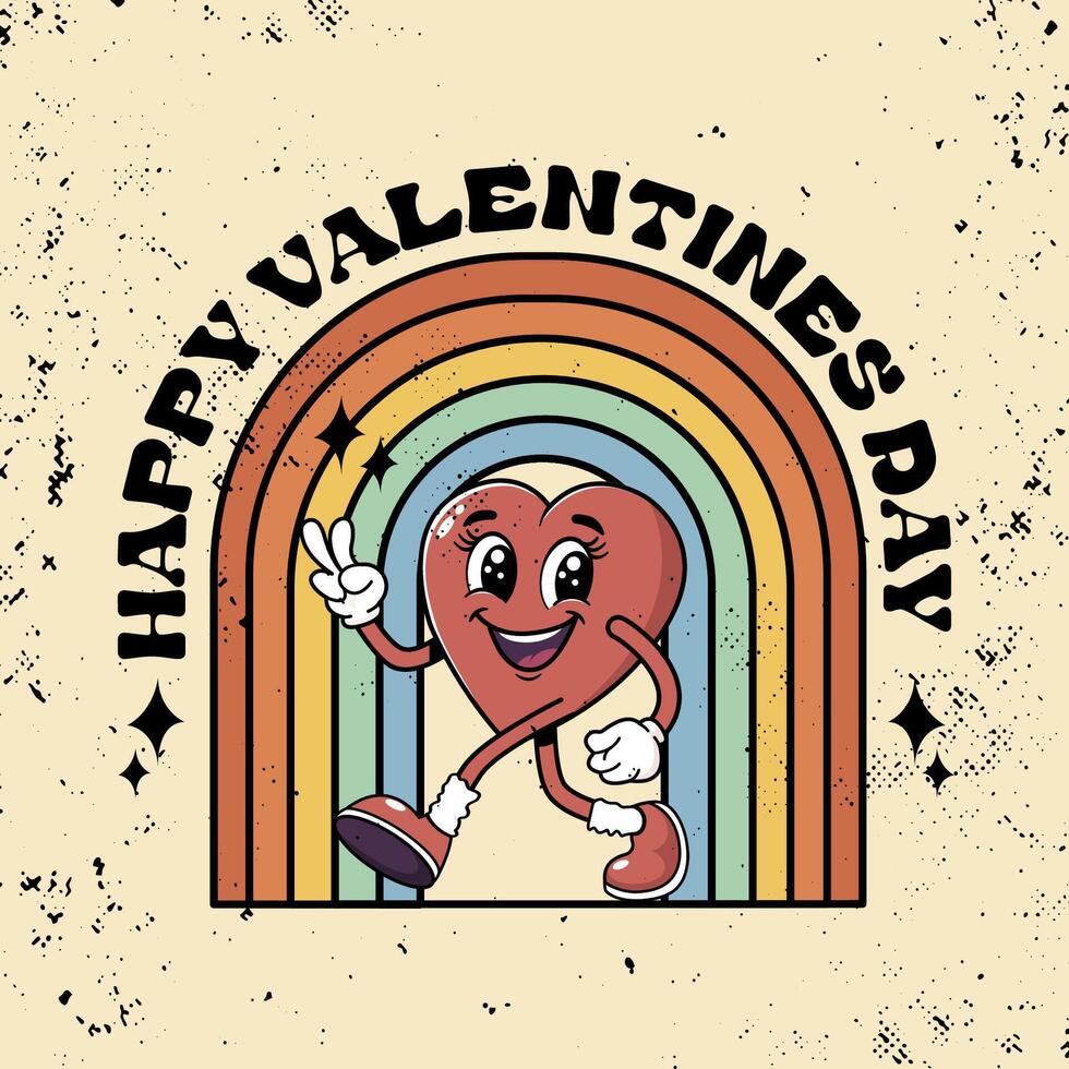 Vintage retro cartoon wind-up walking smiling heart mascot with rainbow. Trendy retro romantic mascot. Funny 70's comic style. Retro vintage valentine's day banner. Happy Valentine's Day. vector