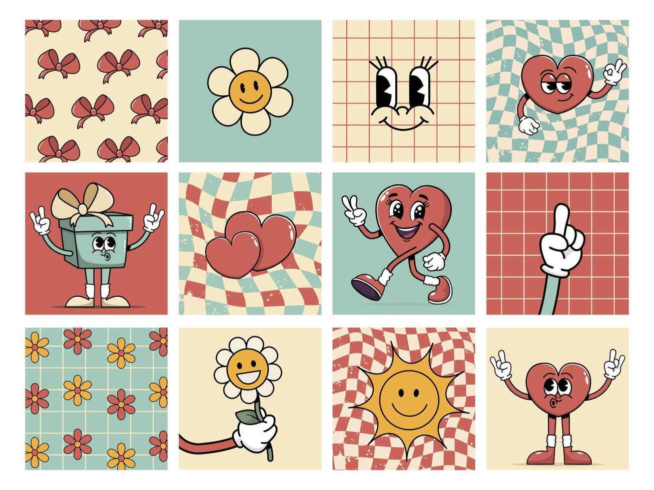Cartoon cool square postcards. Vintage comic characters of the 70s on Valentine's Day posters. Funny retro flower, gift, sun, daisy, heart, rainbow, hands and fashion elements. vector