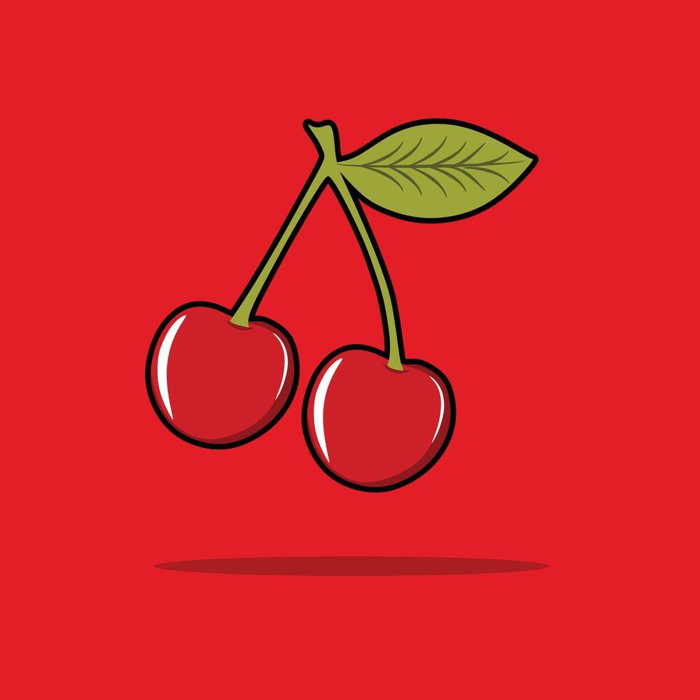 a drawing of cherry with a green leaf with red background or cherry illustration cherry vector