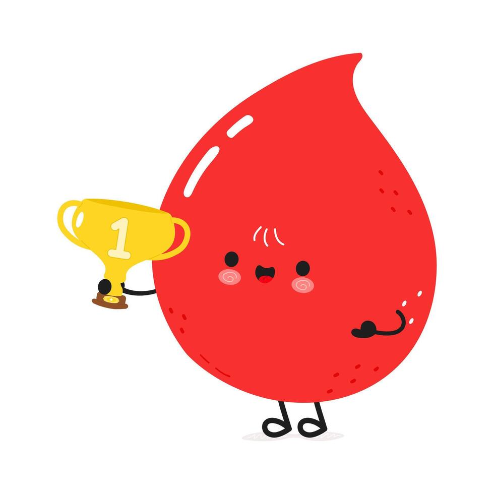 Cute cartoon Blood drop character holding a trophy. hand drawn cartoon kawaii character illustration icon. Isolated on white background. Blood drop with winner trophy cup vector