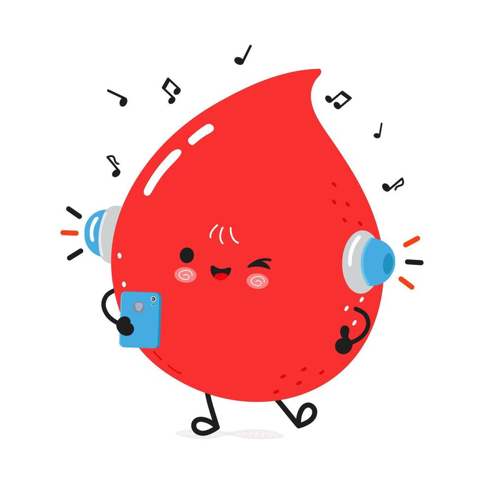 Blood drop listens to music on headphones with a smartphone. hand drawn cartoon kawaii character illustration icon. Blood drop fruit character enjoying music on a smartphone vector