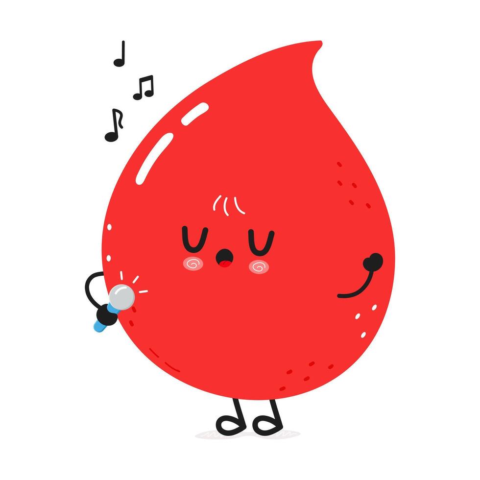 Cute Blood drop character singing into a microphone character. hand drawn cartoon kawaii character illustration icon. Isolated on white background. Blood drop character concept vector