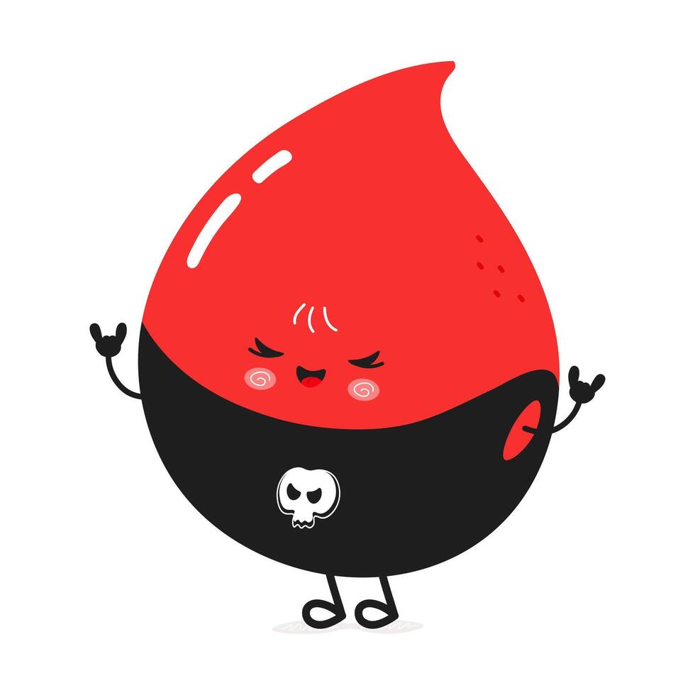 Cute cartoon Blood drop character with a skull shirt and playful pose. hand drawn cartoon kawaii character illustration icon. Isolated on white background. Blood drop heavy metal character vector