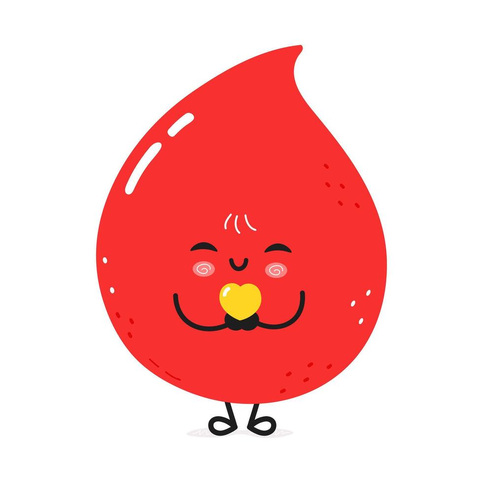 Cute smiling Blood drop character holding a heart in hands. hand drawn cartoon kawaii character illustration icon. Isolated on white background Blood drop in love character concept vector