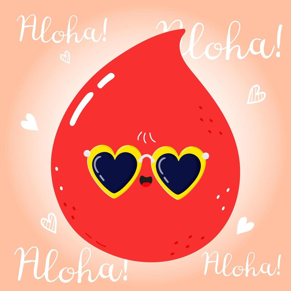 Cute cartoon Blood drop wearing heart-shaped sunglasses on a light background. hand drawn cartoon kawaii character illustration. Isolated on pink background. Blood drop character. Aloha card vector