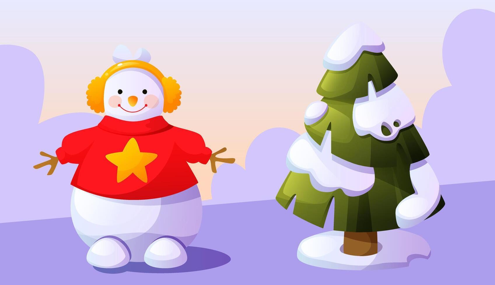 A cheerful snowman in a red sweater and soft headphones stands next to a Christmas tree in the snow. Snowman against the background of a snowy landscape. Winter fun, games. vector