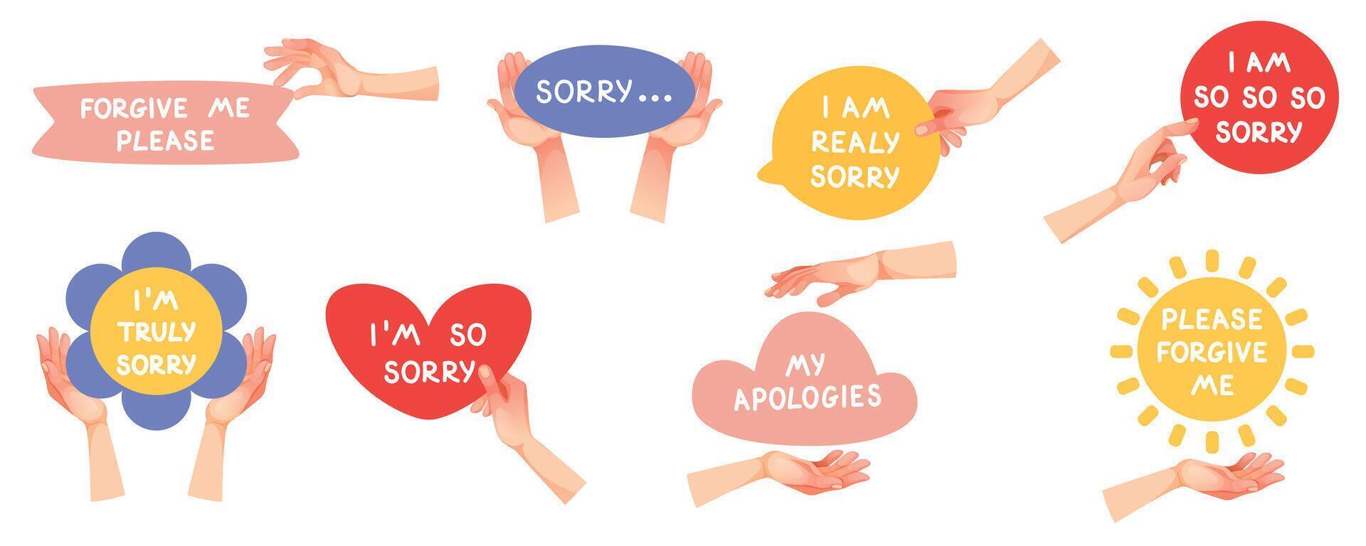 Set of stickers with quotes forgive in hand. Hand holds a letter with apologies. Sorry. illustration on white background. vector