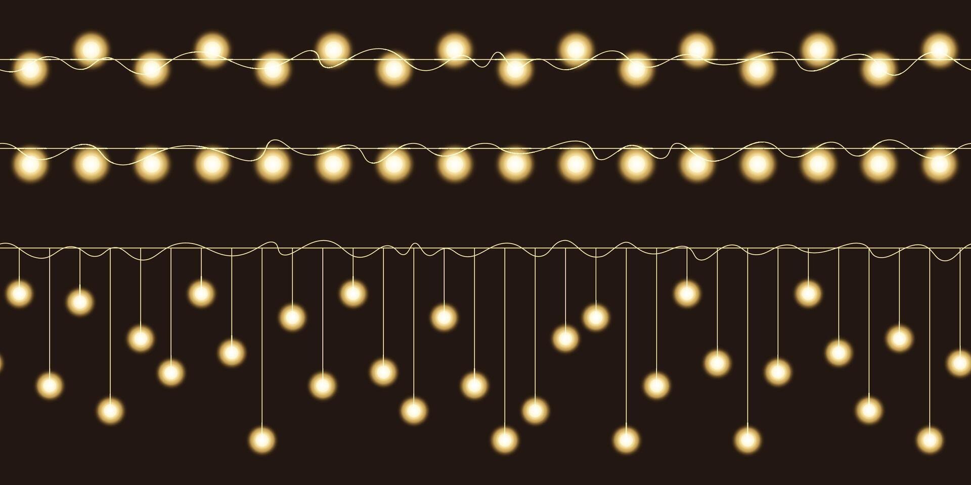 set of decorative realistic new year luminous seamless garlands. Garland with yellow bulbs. Set of christmas lights on wire. design for new year, chinese new year, christmas card, banner. vector