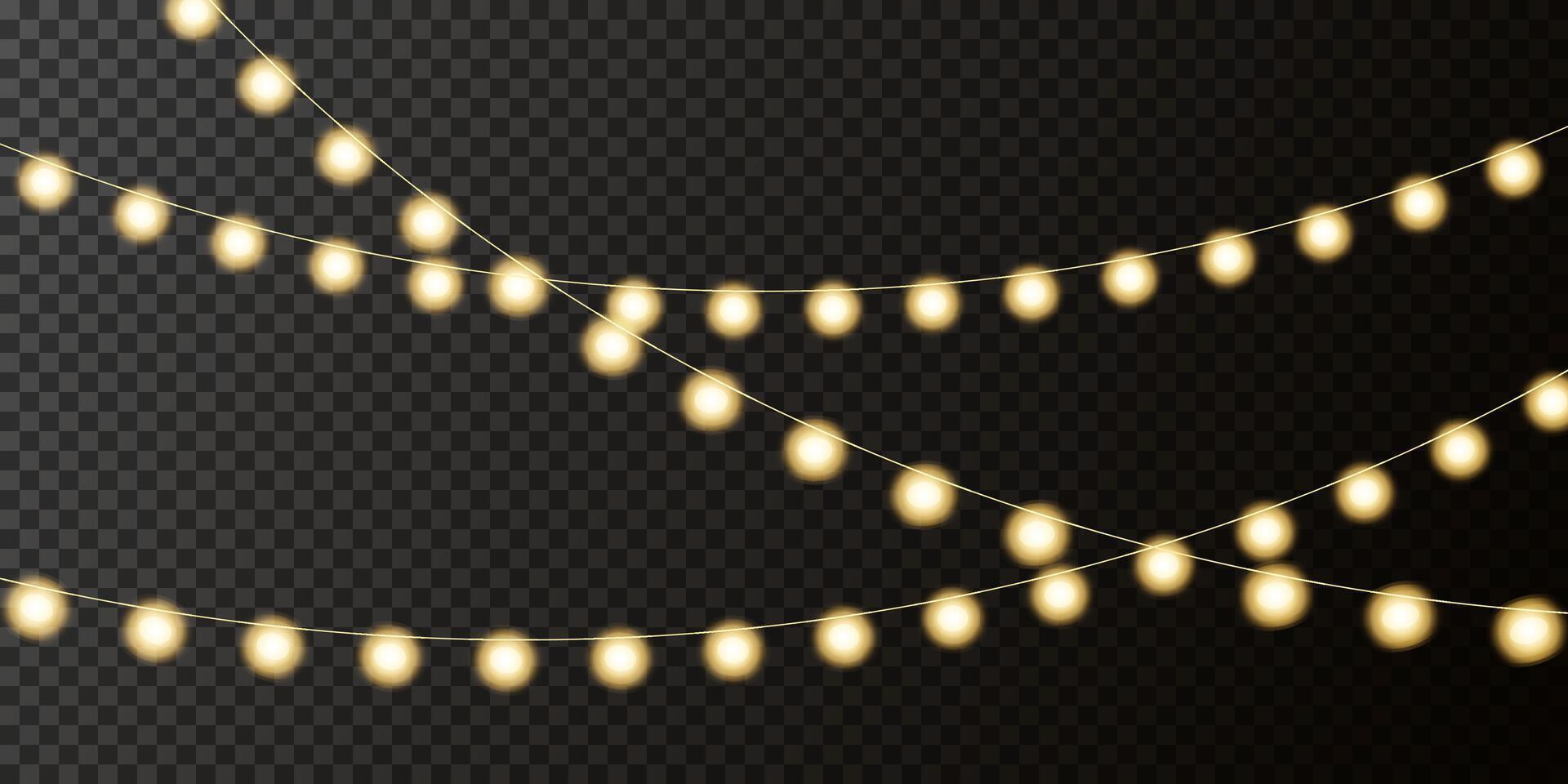 Christmas garland straight, wave, glowing yellow bulbs. Decor for New Year, wedding, birthday, events and parties. Set of different garlands for use in advertising invitations, web banners. vector