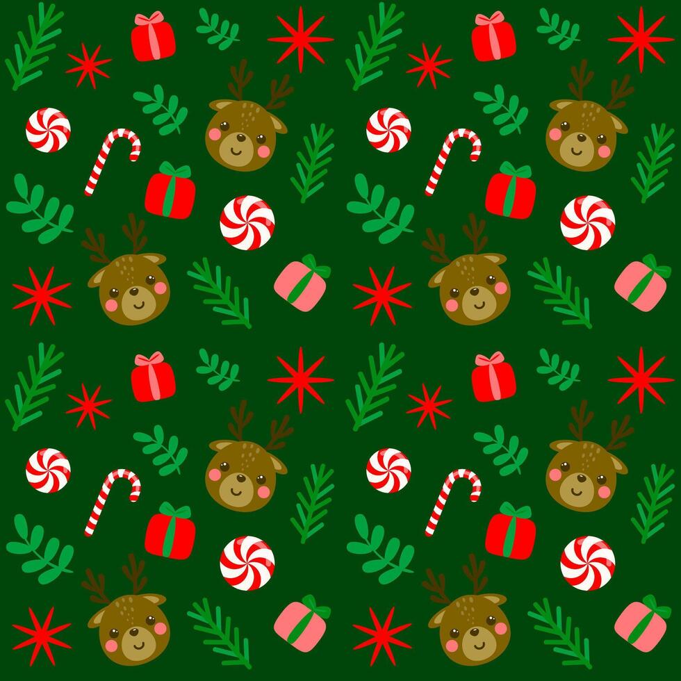 Christmas New Year seamless pattern with Reindeer, Giftbox. vector