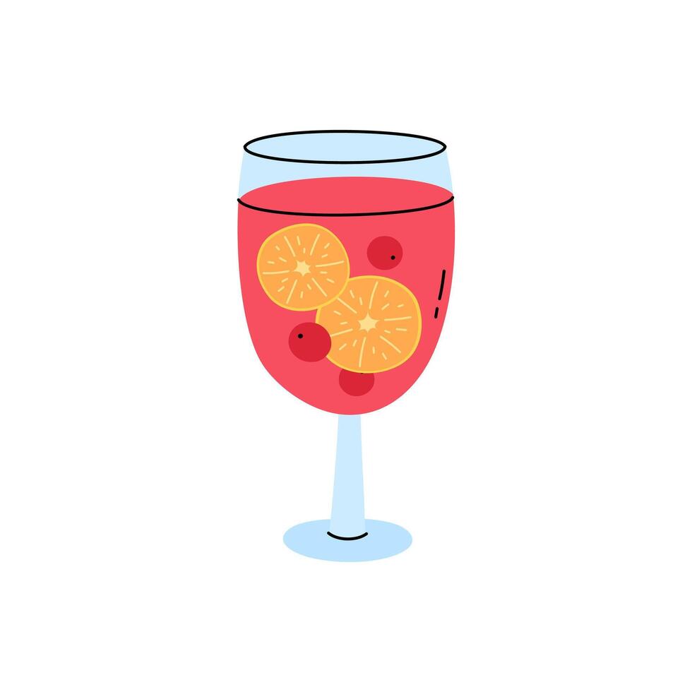 Punch drink in glass with citrus slices and cranberry berries. Cute hand drawn illustration of festive red beverage in wineglass for Christmas, New Year, birthday. vector