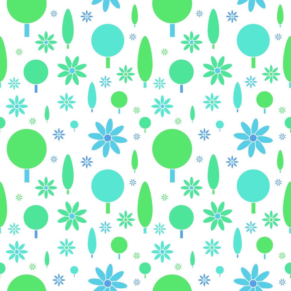 Cute pastel decorative botanical seamless pattern. Trees, flowers, flat abstract graphic shapes. White background. Backgrounds, wallpapers, surface design, textile, fabric, print, papers, web, napkins vector