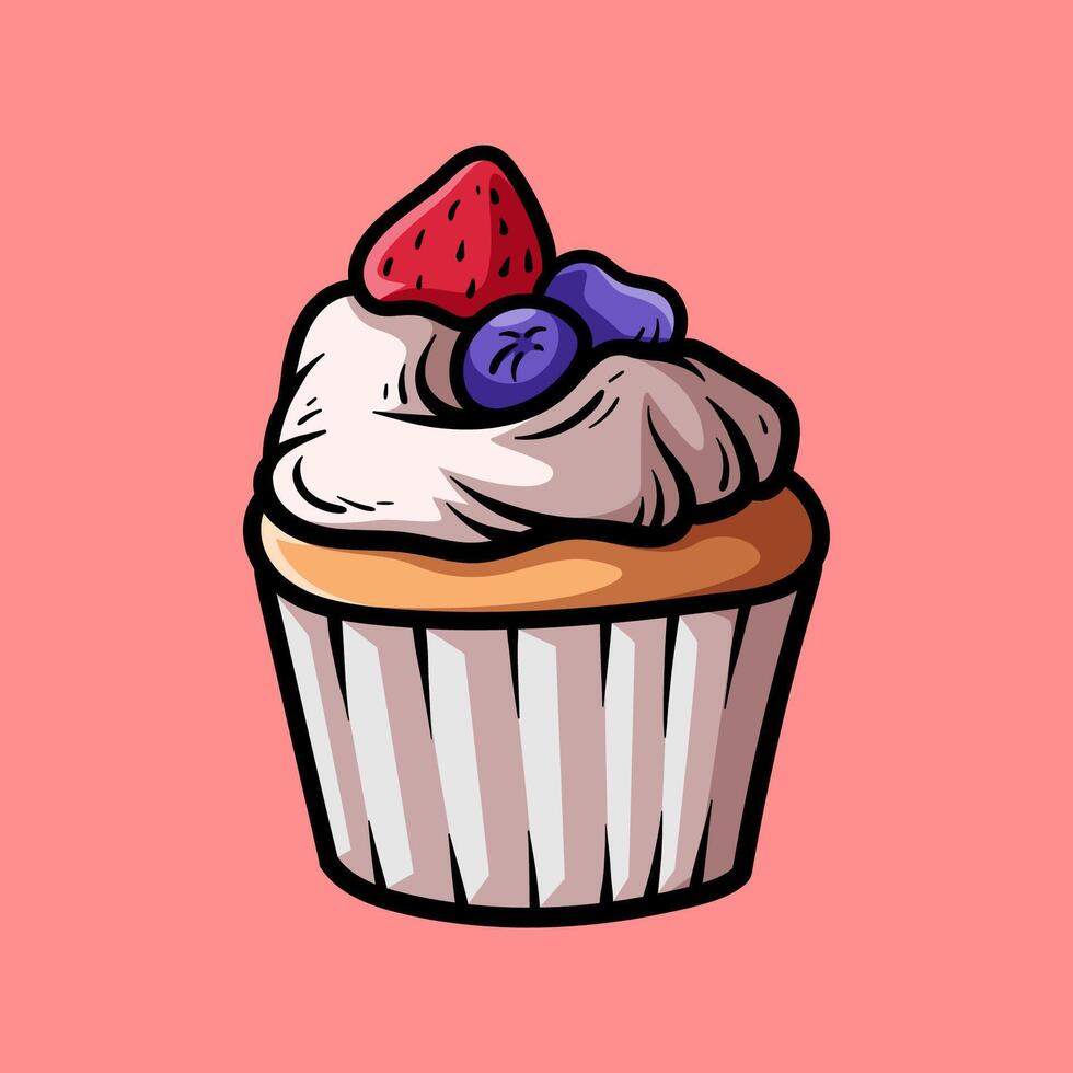 fun cartoon of fruit cupcake isolated colored drawing line art style sketch classic vintage design illustration vector