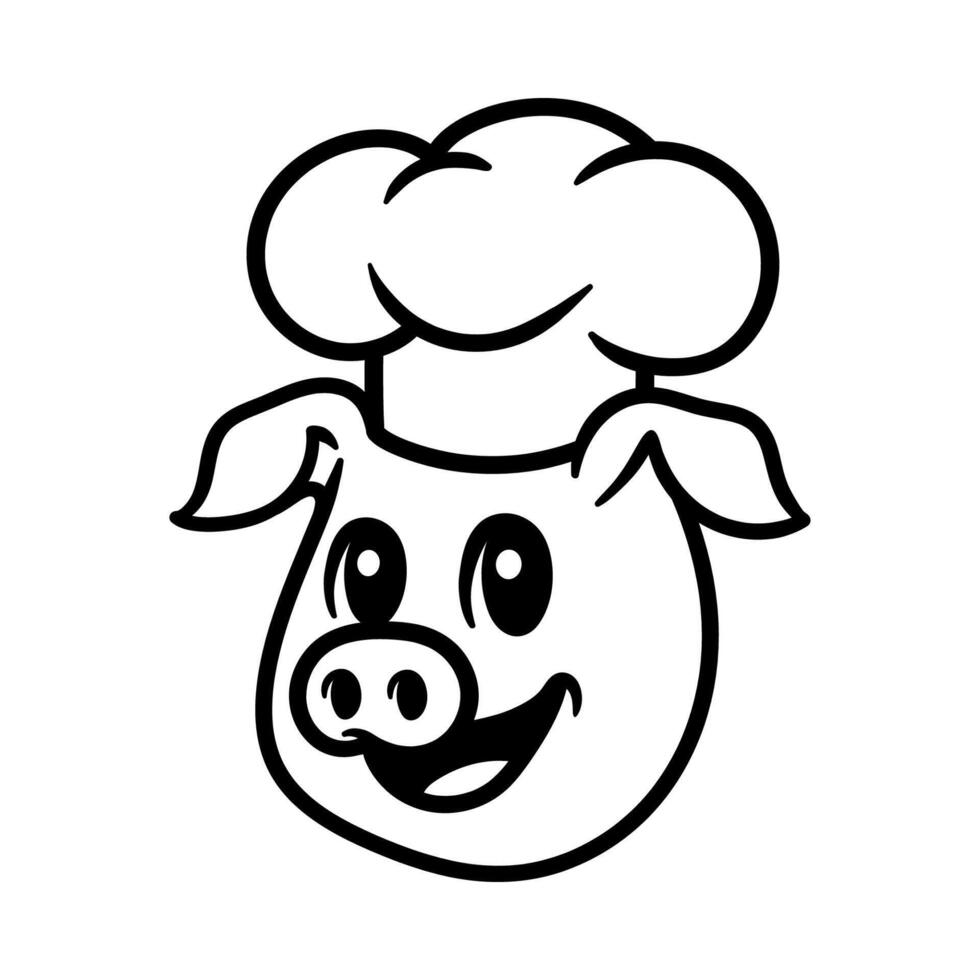 fun cartoon character of chef pig head isolated drawing line art style sketch classic vintage design illustration vector