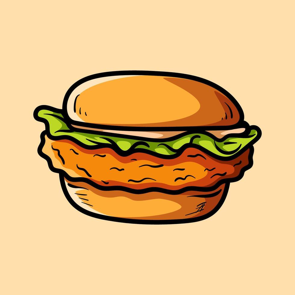 chicken burger isolated colored drawing line art style sketch classic vintage design illustration vector