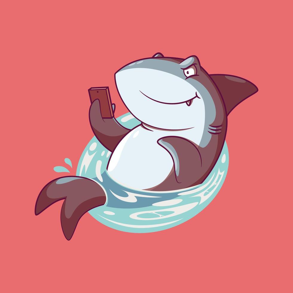 A Shark Character is holding a smartphone. vector