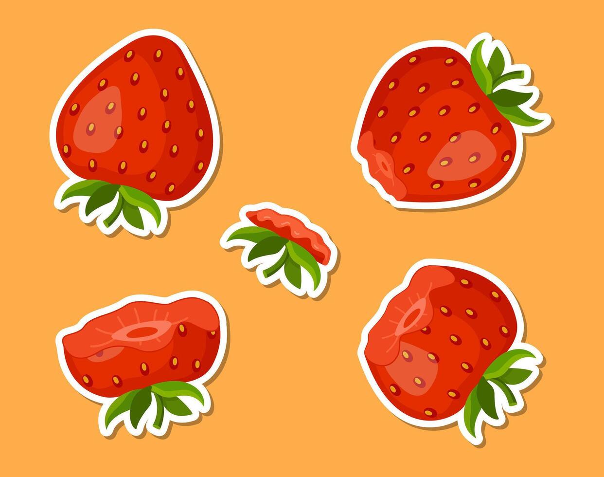 Strawberry eating steps sticker set. Stages of biting red berry from Whole, bite progression sequence animation of eaten. Hand drawn flat style isolated vector