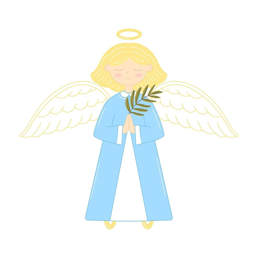 Angel girl holding palm branch. Palm Sunday Children's Christian illustration vector