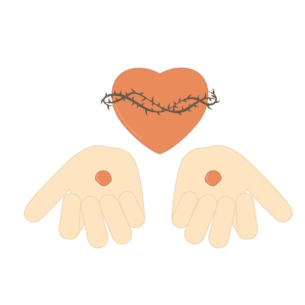 Hands of Christ with stigmata and heart wrapped in a crown of thorns Religious illustration vector