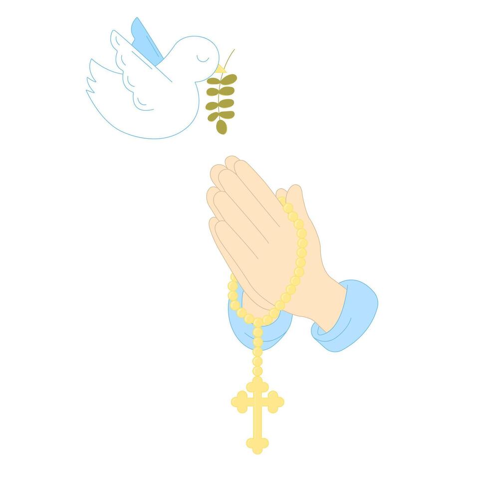 Hands Folded in Prayer with Rosary and Cross, Dove of Peace with Olive Branch Illustration vector