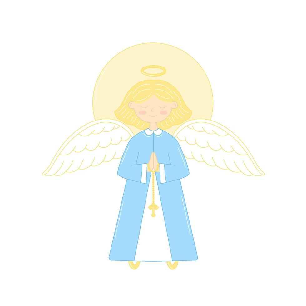Angel girl with hands folded in prayer holding a cross. Children's Christian illustration vector
