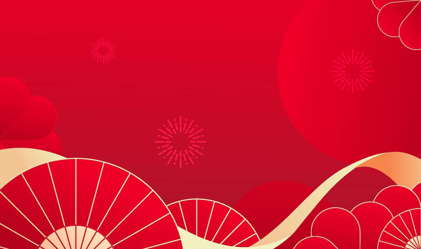 Chinese style celebrates the New Year with red background fan fireworks and yellow ribbons vector